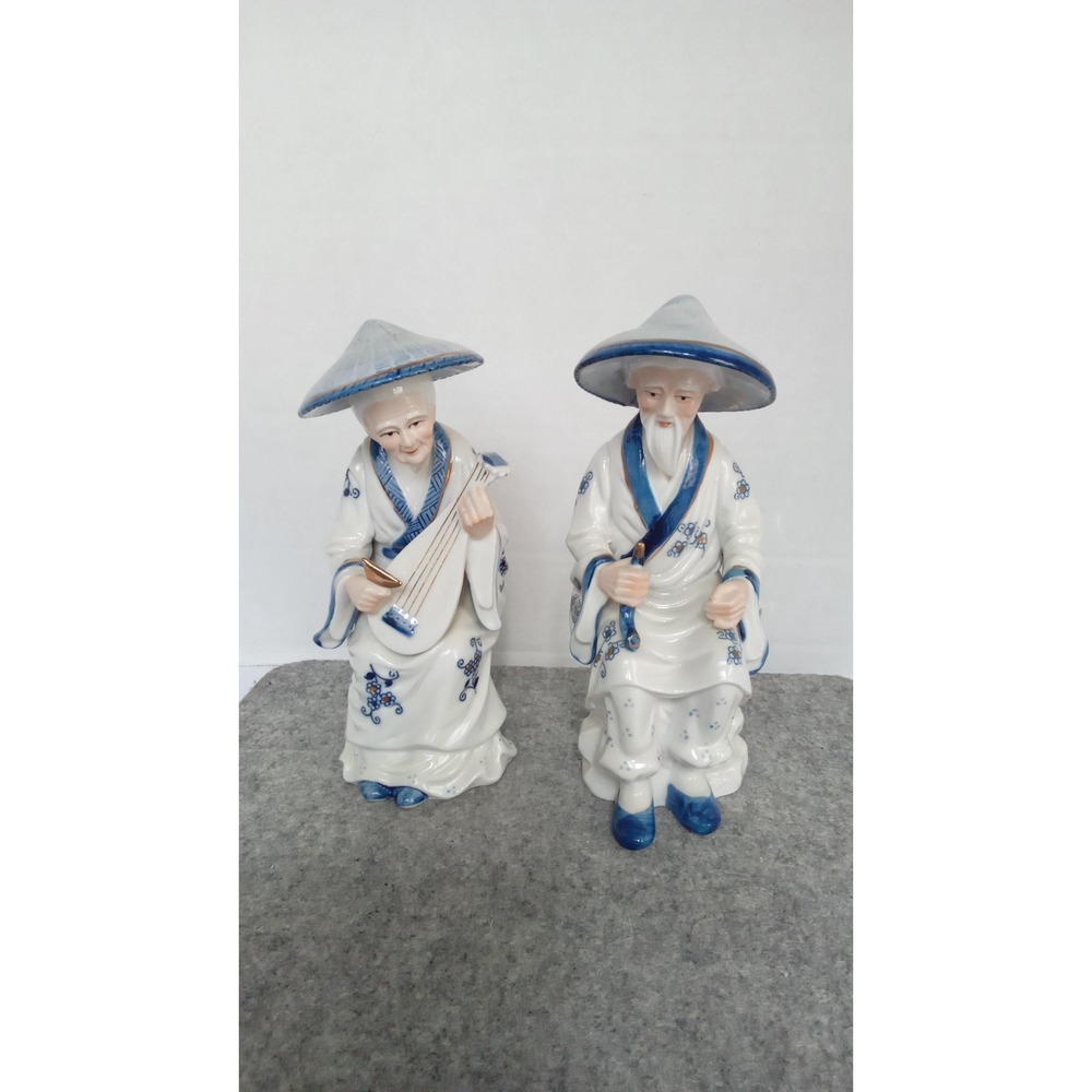 Vintage Asian Figurines Set,‎ Chinese Musicians Porcelain Statues, Cobalt